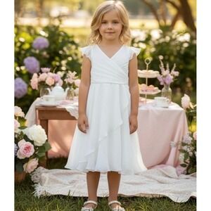 DB Studio Girls White Size 5 Chiffon Flower Girl Dress‎ Flutter Sleeve Wedding
